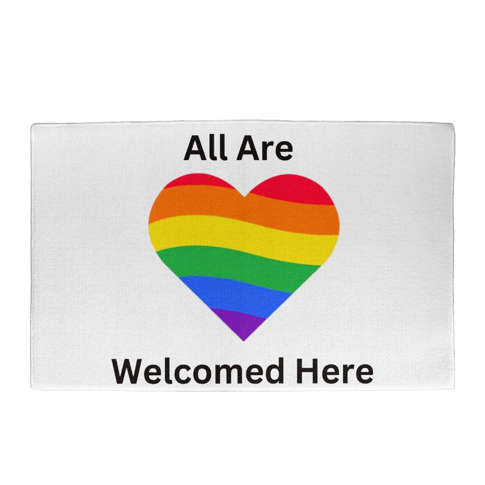 Pride Welcome Rug, Pride Welcome Door Mat, Outside Welcome Mat, Outside Welcome Rug, White rug Black letters, All Are Welcome Here