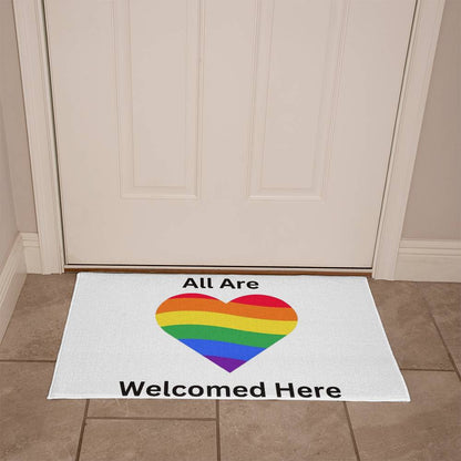 Pride Welcome Rug, Pride Welcome Door Mat, Outside Welcome Mat, Outside Welcome Rug, White rug Black letters, All Are Welcome Here