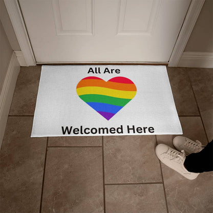 Pride Welcome Rug, Pride Welcome Door Mat, Outside Welcome Mat, Outside Welcome Rug, White rug Black letters, All Are Welcome Here