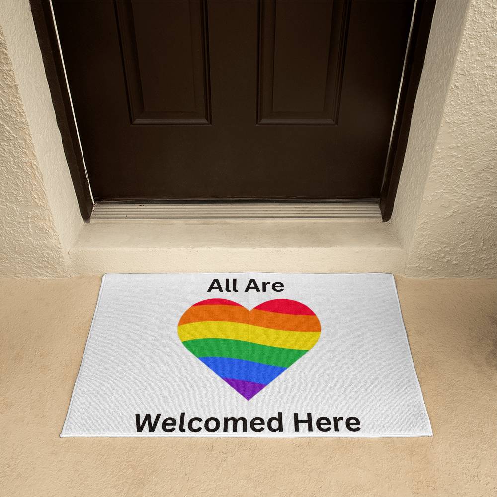 Pride Welcome Rug, Pride Welcome Door Mat, Outside Welcome Mat, Outside Welcome Rug, White rug Black letters, All Are Welcome Here