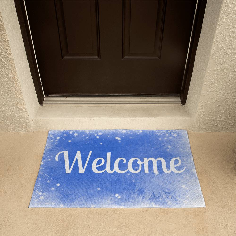 Snowflake Welcome doormat outside, Holiday Christmas doormat outside, Happy Holiday Christmas doormat