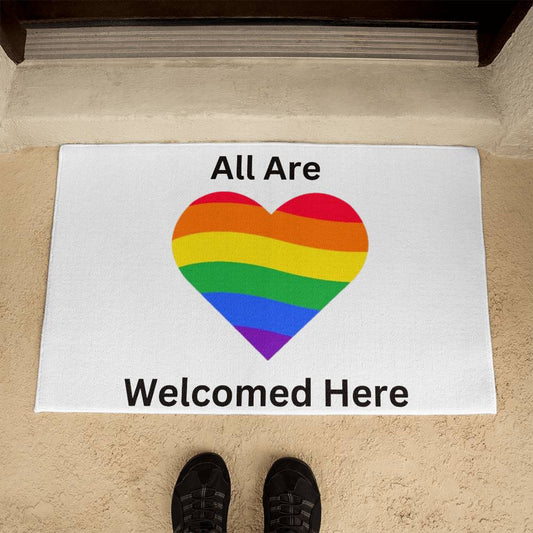 Pride Welcome Rug, Pride Welcome Door Mat, Outside Welcome Mat, Outside Welcome Rug, White rug Black letters, All Are Welcome Here